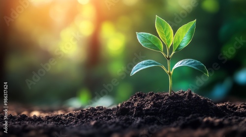 A young plant emerges from rich soil under soft sunlight in a vibrant forest ...