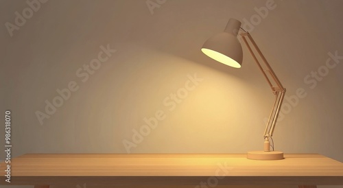 A wooden table with an adjustable desk lamp casting warm light in a minimalis...