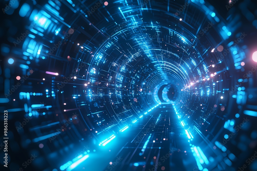 Futuristic blue tunnel with glowing digital lights and lines creating a tech-inspired ambiance. Futuristic blue tunnel with glowing digital lights and lines creating a tech-inspired ambiance.