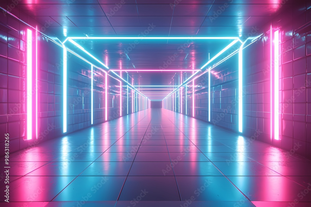 A vibrant neon-lit corridor showcasing modern design elements. A vibrant neon-lit corridor showcasing modern design elements.