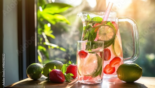 Refreshing summer drink with strawberries and limes on a wooden table in warm...