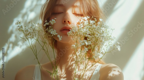 Young woman holding delicate white flowers in a softly lit room with natural ...