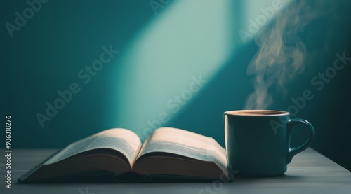 A cozy morning moment with a steaming cup of coffee and an open book on a qui...