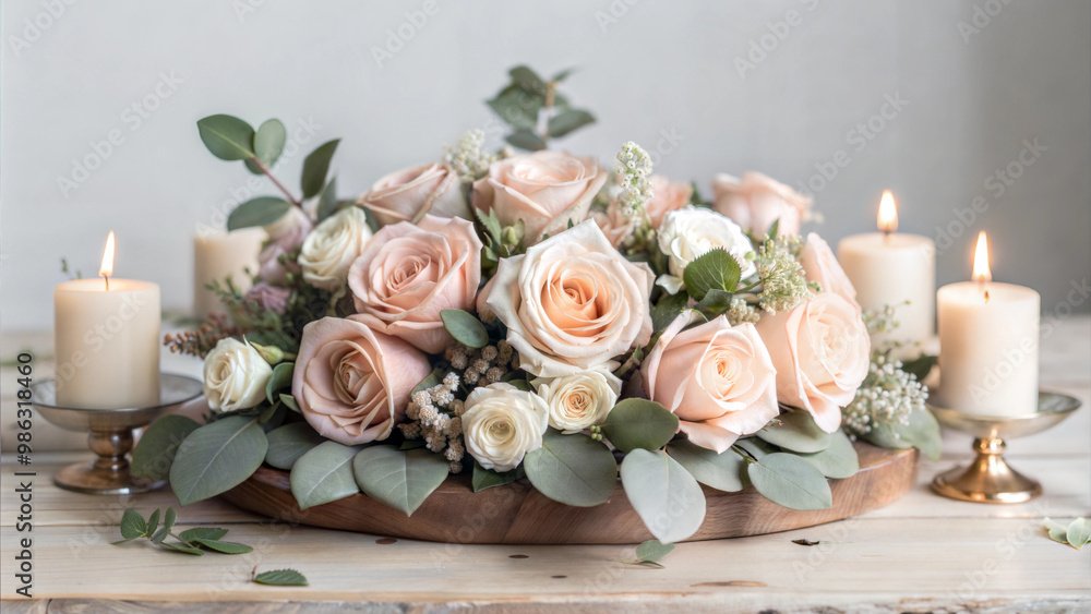 Floral Centerpiece with Pale Pink Roses and White Candles on Wooden Table Floral Centerpiece with Pale Pink Roses and White Candles on Wooden Table
