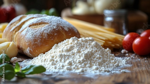 Freshly baked bread and various pasta types arranged on a rustic wooden table...