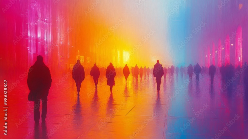 Three silhouettes walking through colorful fog at dawn, creating a mystic atmosphere Three silhouettes walking through colorful fog at dawn, creating a mystic atmosphere