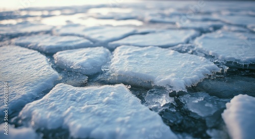 Snowy ice pattern with patches of frost on a cold winter morning in a remote ...