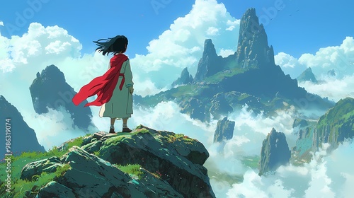 A young girl in a red cape gazes at majestic mountains under a bright blue sky.