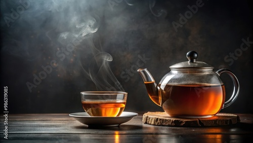 Close up of a tea and teapot on a dark background with copy space