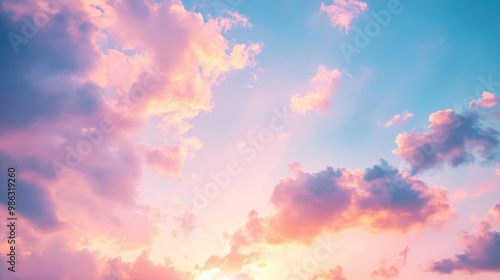 Clear blue sky with soft pastel tones of pink and purple as the sun sets