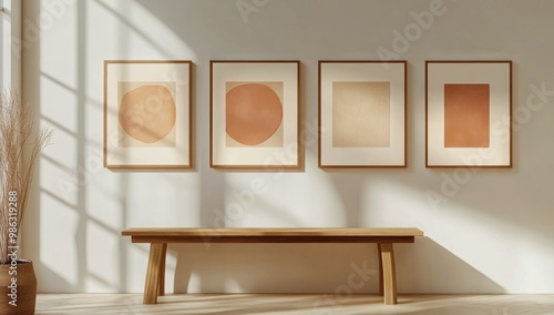 Stylish interior showcasing three modern art pieces in warm tones against a m...
