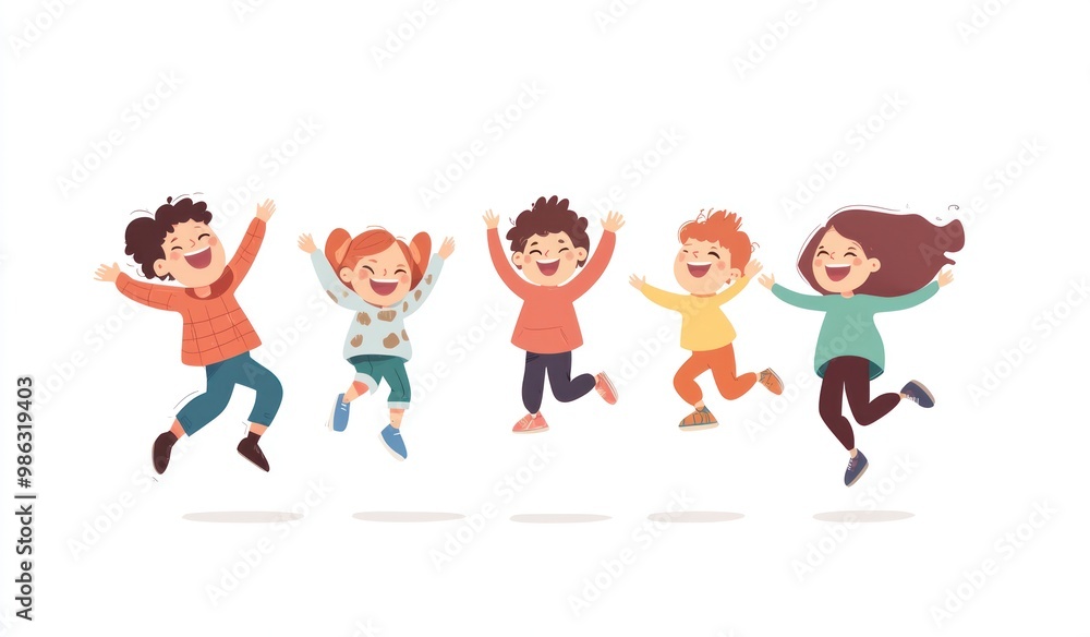 Group of children jumping and laughing together on a white background. Simple style illustration. Cute and dreamy colorful cartoon characters with happy expressions. Vector file has clean lines Group of children jumping and laughing together on a white background. Simple style illustration. Cute and dreamy colorful cartoon characters with happy expressions. Vector file has clean lines