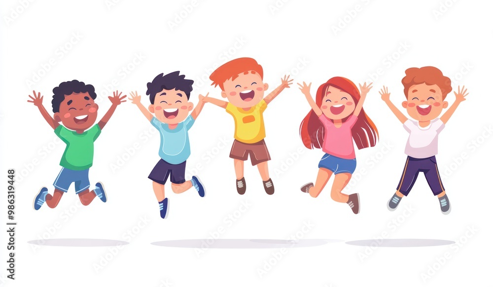 Group of children jumping and laughing together on a white background. Simple style illustration. Cute and dreamy colorful cartoon characters with happy expressions. Vector file has clean lines Group of children jumping and laughing together on a white background. Simple style illustration. Cute and dreamy colorful cartoon characters with happy expressions. Vector file has clean lines