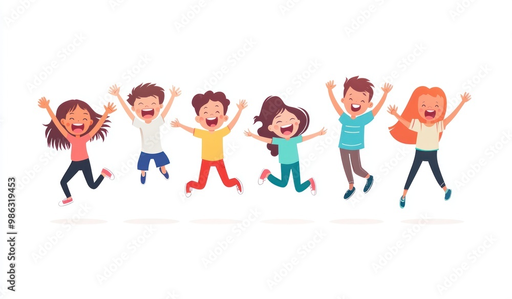 Group of children jumping and laughing together on a white background. Simple style illustration. Cute and dreamy colorful cartoon characters with happy expressions. Vector file has clean lines Group of children jumping and laughing together on a white background. Simple style illustration. Cute and dreamy colorful cartoon characters with happy expressions. Vector file has clean lines