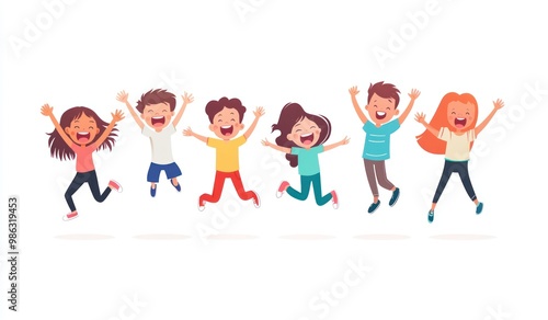 Group of children jumping and laughing together on a white background. Simple style illustration. Cute and dreamy colorful cartoon characters with happy expressions. Vector file has clean lines 
