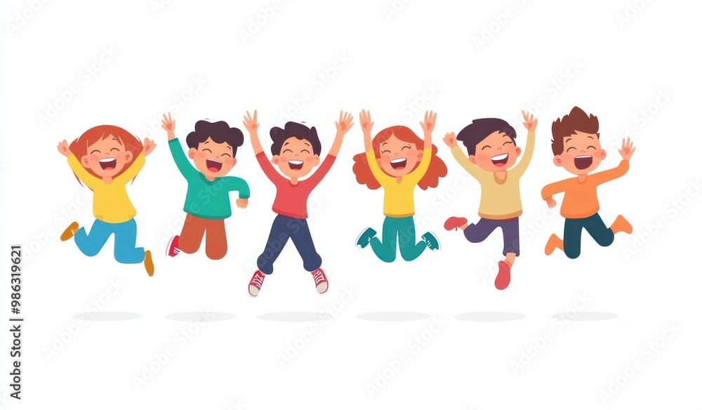 Group of children jumping and laughing together on a white background. Simple style illustration. Cute and dreamy colorful cartoon characters with happy expressions. Vector file has clean lines Group of children jumping and laughing together on a white background. Simple style illustration. Cute and dreamy colorful cartoon characters with happy expressions. Vector file has clean lines