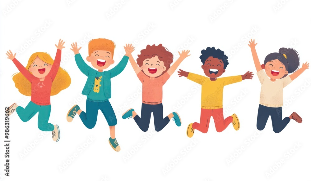 Group of children jumping and laughing together on a white background. Simple style illustration. Cute and dreamy colorful cartoon characters with happy expressions. Vector file has clean lines Group of children jumping and laughing together on a white background. Simple style illustration. Cute and dreamy colorful cartoon characters with happy expressions. Vector file has clean lines