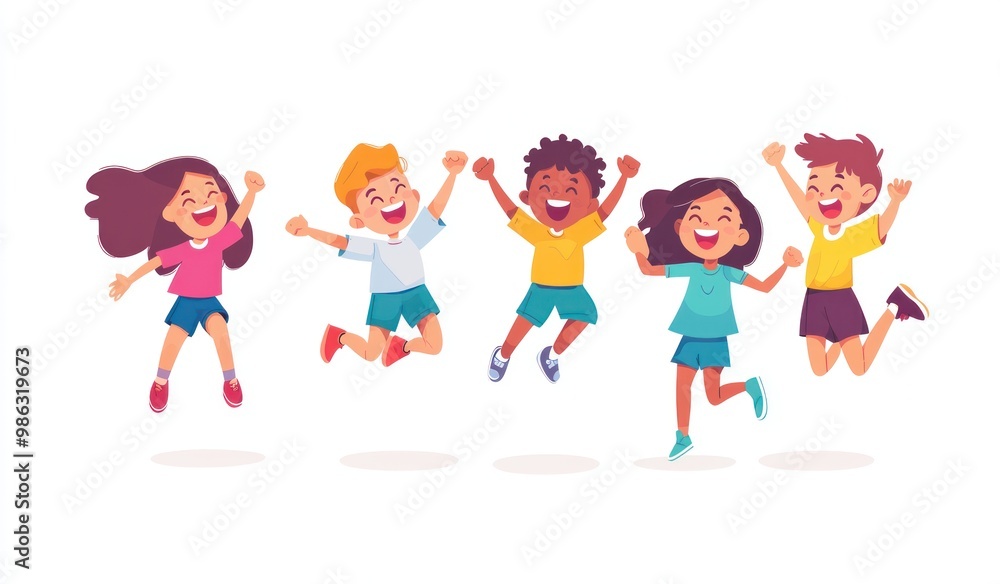 Group of children jumping and laughing together on a white background. Simple style illustration. Cute and dreamy colorful cartoon characters with happy expressions. Vector file has clean lines Group of children jumping and laughing together on a white background. Simple style illustration. Cute and dreamy colorful cartoon characters with happy expressions. Vector file has clean lines