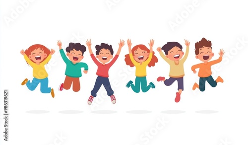 Group of children jumping and laughing together on a white background. Simple style illustration. Cute and dreamy colorful cartoon characters with happy expressions. Vector file has clean lines 