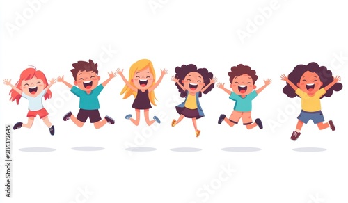 Group of children jumping and laughing together on a white background. Simple style illustration. Cute and dreamy colorful cartoon characters with happy expressions. Vector file has clean lines 