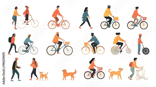Wallpaper Mural Vector illustration of people in different poses, riding bicycles and walking dogs on a white background, with a flat design, minimalist style, simple shapes, and a vector art style. Torontodigital.ca