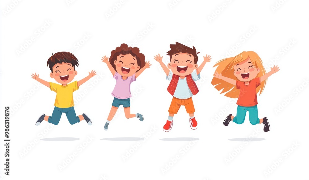 Group of children jumping and laughing together on a white background. Simple style illustration. Cute and dreamy colorful cartoon characters with happy expressions. Vector file has clean lines Group of children jumping and laughing together on a white background. Simple style illustration. Cute and dreamy colorful cartoon characters with happy expressions. Vector file has clean lines