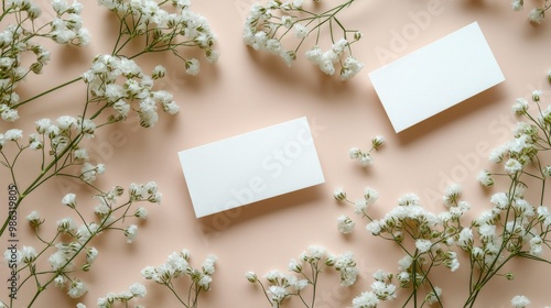 Elegant floral arrangement with empty card on soft pink background for creati...