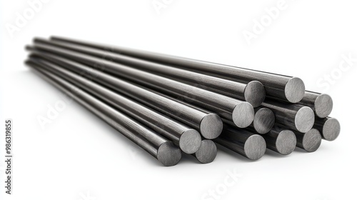 A stack of cylindrical metal rods showcasing a sleek, industrial design ideal for manufacturing and construction projects, white background