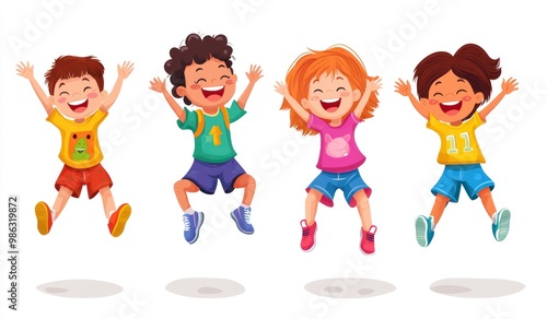 Group of children jumping and laughing together on a white background. Simple style illustration. Cute and dreamy colorful cartoon characters with happy expressions. Vector file has clean lines 