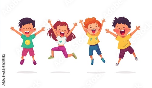 Group of children jumping and laughing together on a white background. Simple style illustration. Cute and dreamy colorful cartoon characters with happy expressions. Vector file has clean lines 