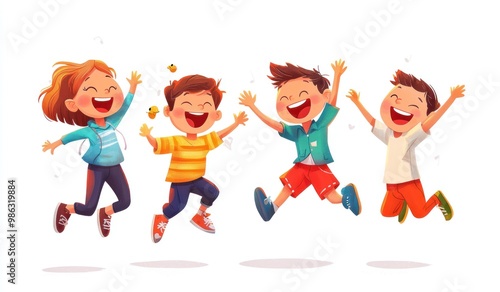 Wallpaper Mural Group of children jumping and laughing together on a white background. Simple style illustration. Cute and dreamy colorful cartoon characters with happy expressions. Vector file has clean lines  Torontodigital.ca