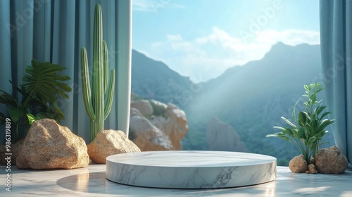 Serene indoor space featuring a circular marble platform with plants and moun...