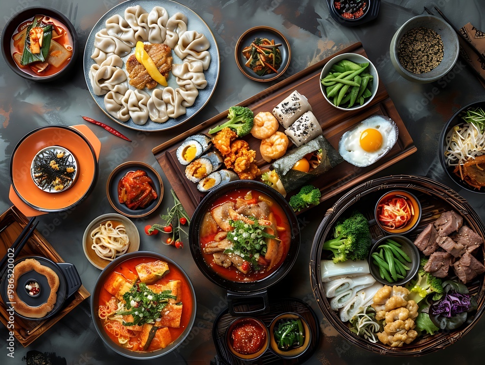 Top view of various japanese food set on wooden table. Top view of various japanese food set on wooden table.