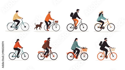 Wallpaper Mural Vector illustration of people in different poses, riding bicycles and walking dogs on a white background, with a flat design, minimalist style, simple shapes, and a vector art style. Torontodigital.ca