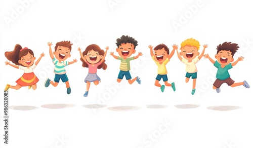 Group of children jumping and laughing together on a white background. Simple style illustration. Cute and dreamy colorful cartoon characters with happy expressions. Vector file has clean lines 