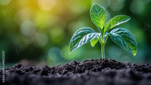 A young plant emerges from rich soil under soft sunlight in a vibrant forest ...