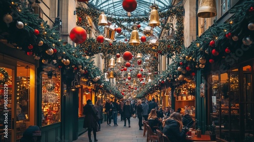 London, UK - Nov 8 2023: Covent Garden Market with Christmas decorations. Large bells and baubles hang from the roof. People are shopping and sitting in a cafe