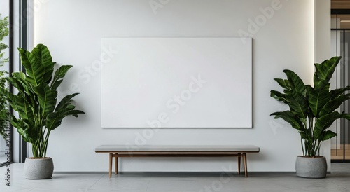 Modern minimalist interior design featuring plants and empty canvas in bright...