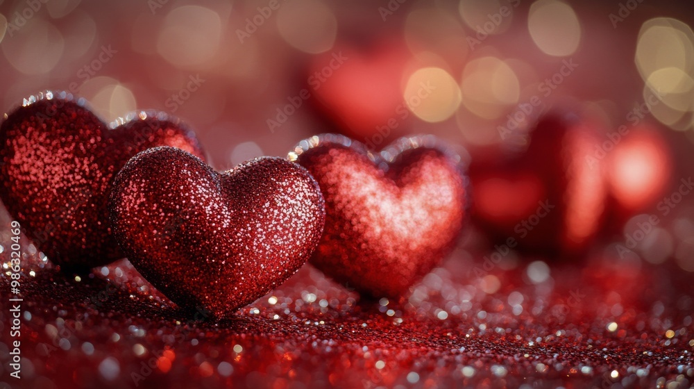 Glittering red hearts on a sparkling background for a romantic celebration Glittering red hearts on a sparkling background for a romantic celebration
