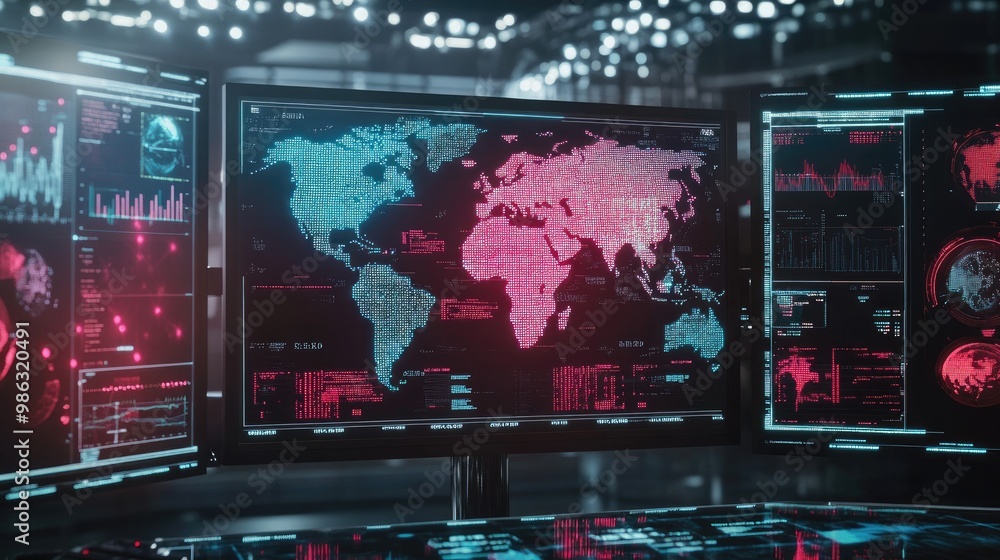 A graphical representation of the global spread of monkeypox, with highlighted countries and data points displayed on a monitor. High-tech control room setting. 4 A graphical representation of the global spread of monkeypox, with highlighted countries and data points displayed on a monitor. High-tech control room setting. 4