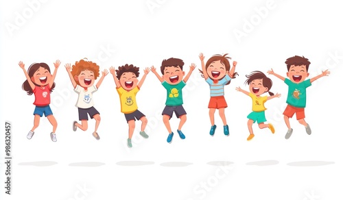 Group of children jumping and laughing together on a white background. Simple style illustration. Cute and dreamy colorful cartoon characters with happy expressions. Vector file has clean lines 