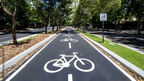 Sunny street scene featuring a vibrant bicycle lane, lined with trees and bustling pedestrians enjoying the warm weather and outdoor activities.