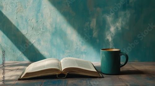 A cozy morning moment with a steaming cup of coffee and an open book on a qui...
