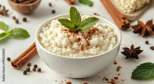 Creamy rice pudding with spices and mint on a rustic table setting during aft...