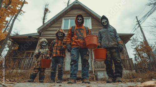 Spooky Halloween night with costumed figures carrying glowing jack-o'-lantern...