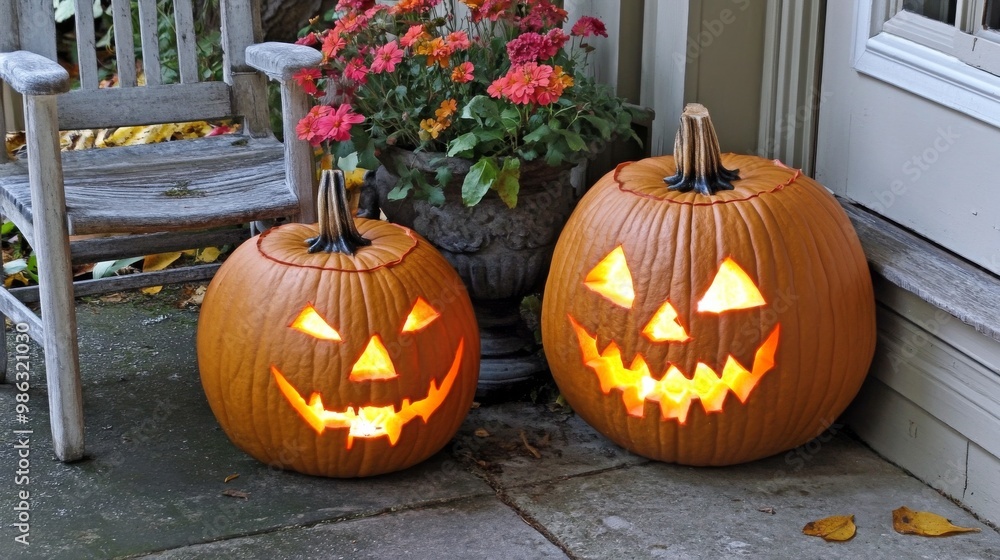 Obraz premium Festive carved pumpkins on a porch with autumn leaves during the Halloween season at dusk