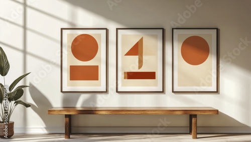 Stylish interior showcasing three modern art pieces in warm tones against a m...