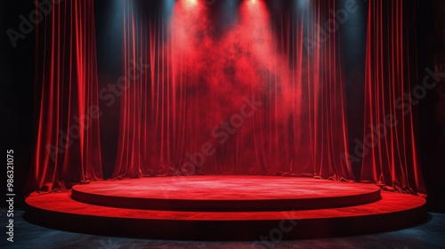 Red velvet stage set for a dramatic performance with spotlight and smoke effe...