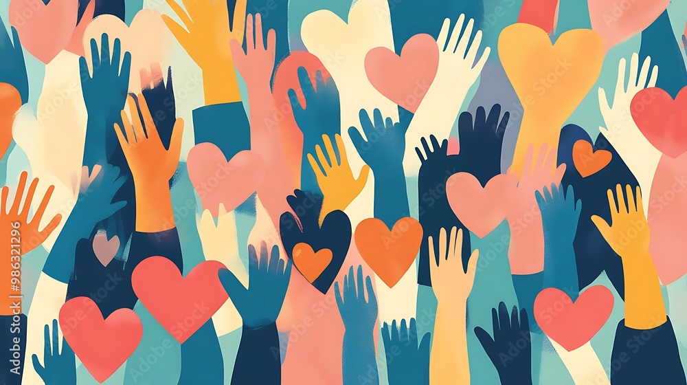 A vibrant illustration of diverse hands and hearts symbolizing unity and support. A vibrant illustration of diverse hands and hearts symbolizing unity and support.