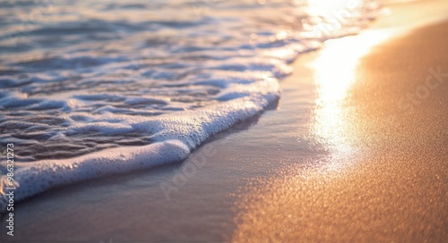 Gentle ocean waves lapping against the shore at sunset with soft golden light